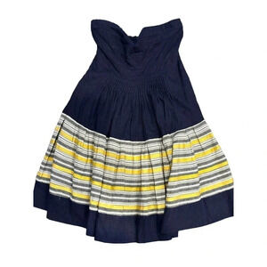 Shulami Linen Navy Blue Strapless Sweetheart Striped‎ Mini Dress Size S NWT